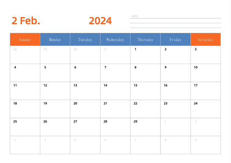 2024年日历台历 英文版 横向排版 周日开始